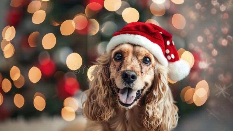 Berömvärd cocker spaniel i Santa som firar julklapp perfekt för semesterhälsningskort eller festlig dekoration royaltyfria foton