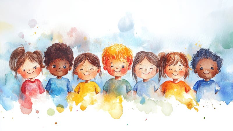 Berömvärd vattenfärgsillustration av olika barn som firar kidsday stock illustrationer