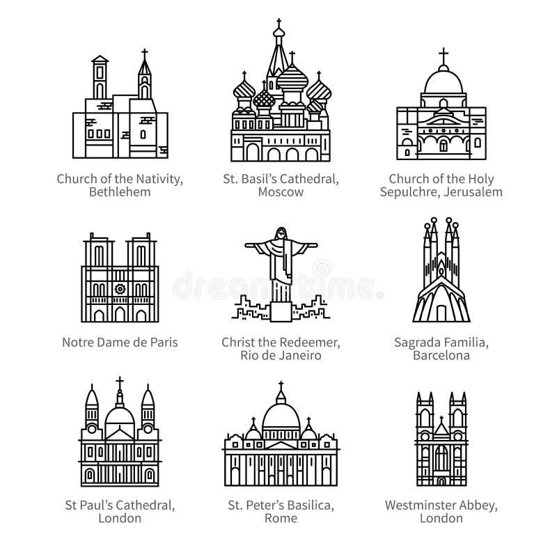 Berühmte christliche Kirchen- und Kathedralenikonen lizenzfreie abbildung Berühmte christliche Kirchen- und Kathedralenikonen lizenzfreie abbildung
