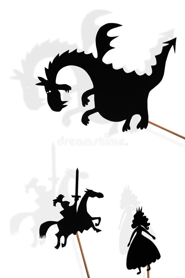 Beschatten Sie Marionetten des Drachen, der Prinzessin und des Ritters auf weißem backgroun lizenzfreies stockbild
