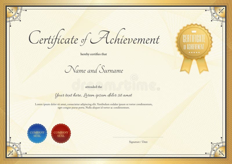 Certificate template for achievement, appreciation or completion in gold theme. Certificate template for achievement, appreciation or completion in gold theme