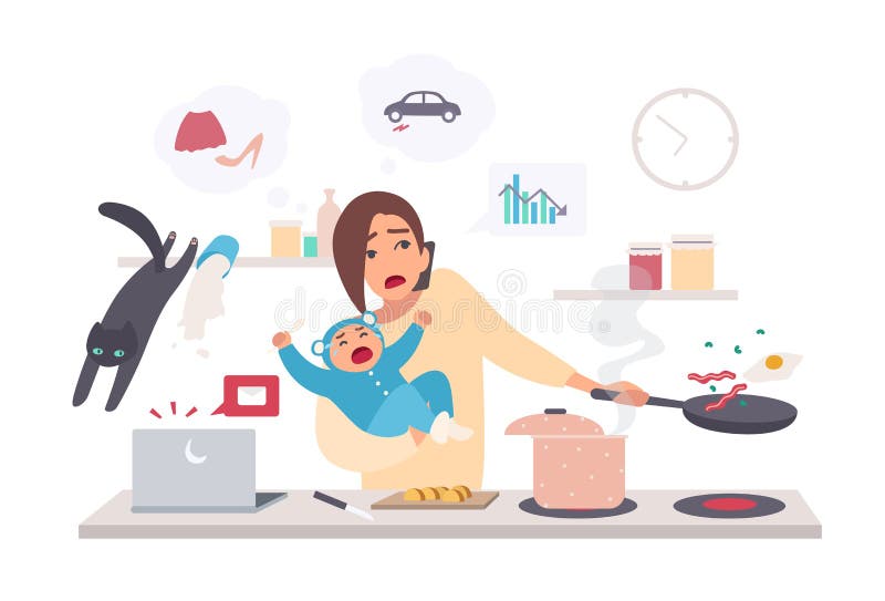 Beschäftigte Mutter mit Baby, tun Frau mehrere Dinge gleichzeitig Mutterschaft, flache Illustration der Karikatur