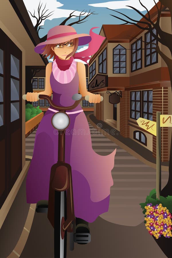 Beschäftigte Stadt im morningStylish Mädchen mit altem Fahrrad im alten Ci stock abbildung Beschäftigte Stadt im morningStylish Mädchen mit altem Fahrrad im alten Ci stock abbildung