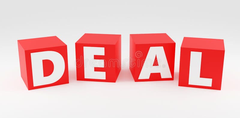 Red cubes inscription deal on grey podium, soft light, front view smooth background, 3d rendering. Red cubes inscription deal on grey podium, soft light, front view smooth background, 3d rendering