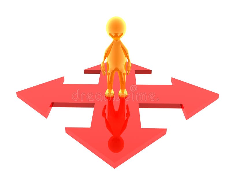 A character is standing on a four sided arrow trying to decide what to do. A character is standing on a four sided arrow trying to decide what to do.