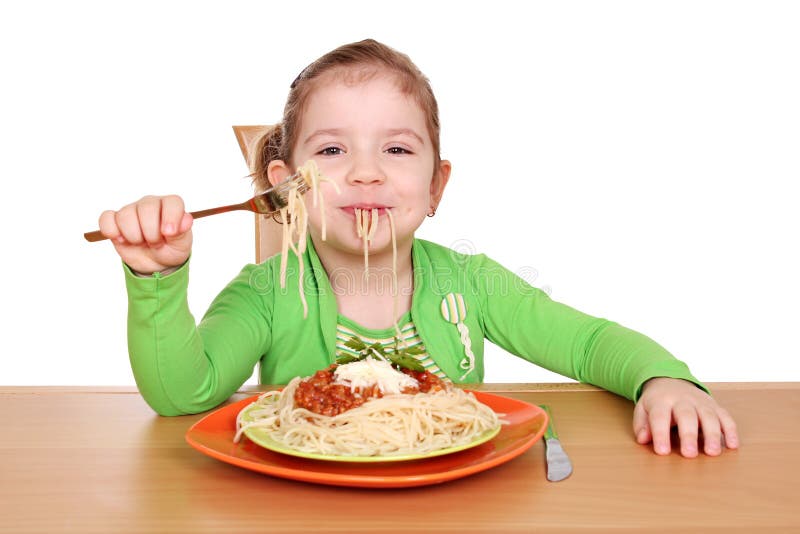 Besmear little girl eating spaghetti