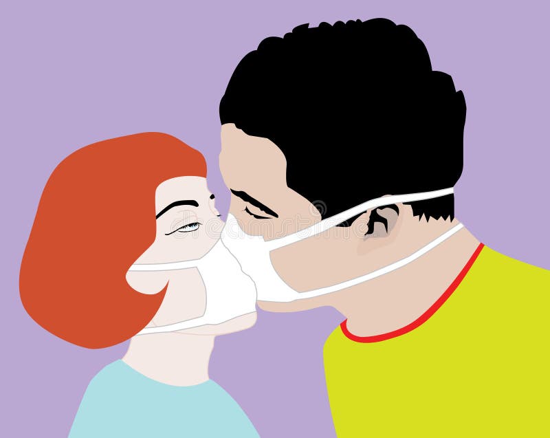 An illustration of a couple kiss with surgical masks. An illustration of a couple kiss with surgical masks