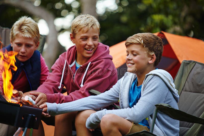 Best Buddies Out Camping. Three Young Boys Sitting by the Campfire. Stock Photo Image of child