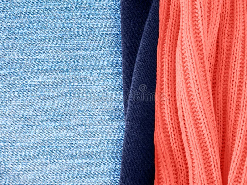 Colors Matching for Coral. Knitted Fabrics and Light Blue Denim Stock ...