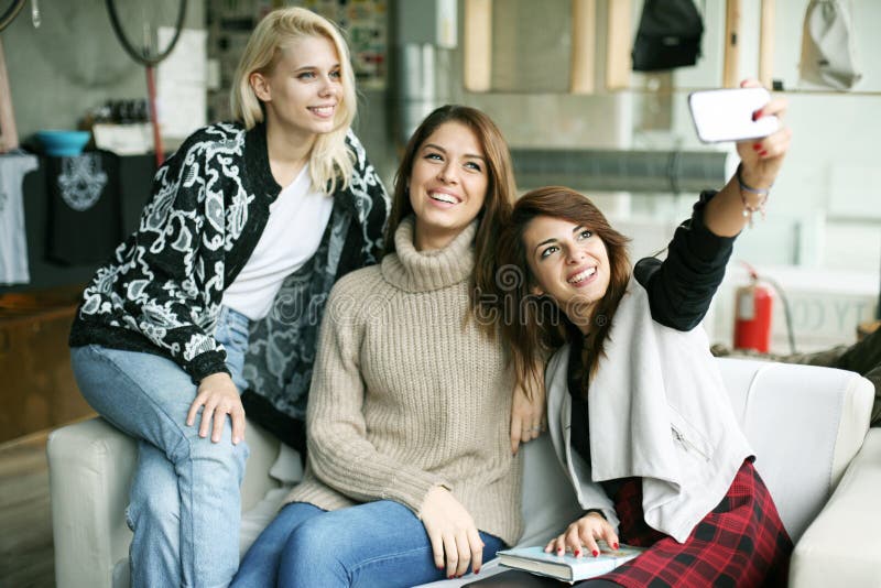Three Best Friends in a Cafe. Stock Photo Image of happy, communicate