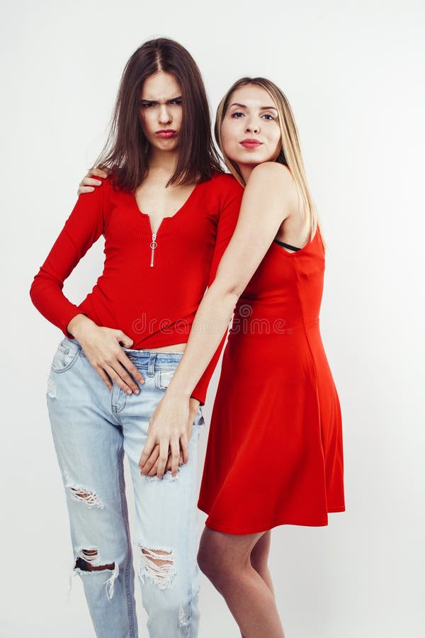 Best Friends Teenage Girls Together Having Fun Posing Emotional On White Background Besties