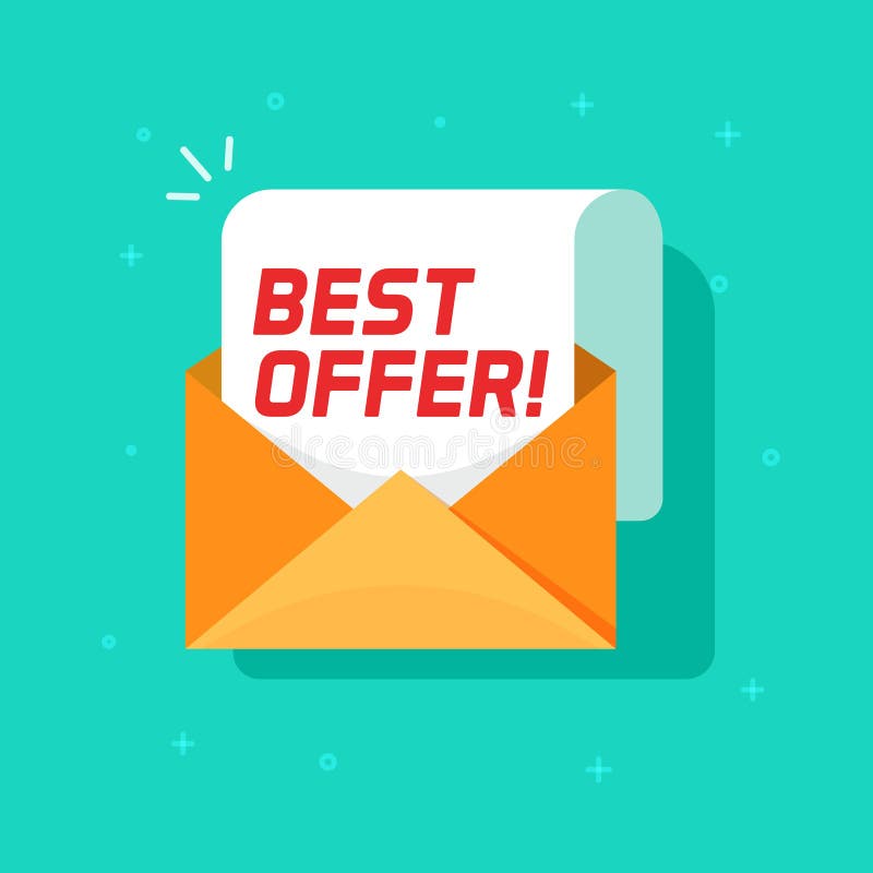 Best offer email message vector icon, flat cartoon open envelope with sale promotion text symbol isolated image vector illustration