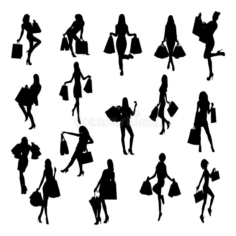 Occupations Outline Clipart-girl with shopping bags black outline clipart