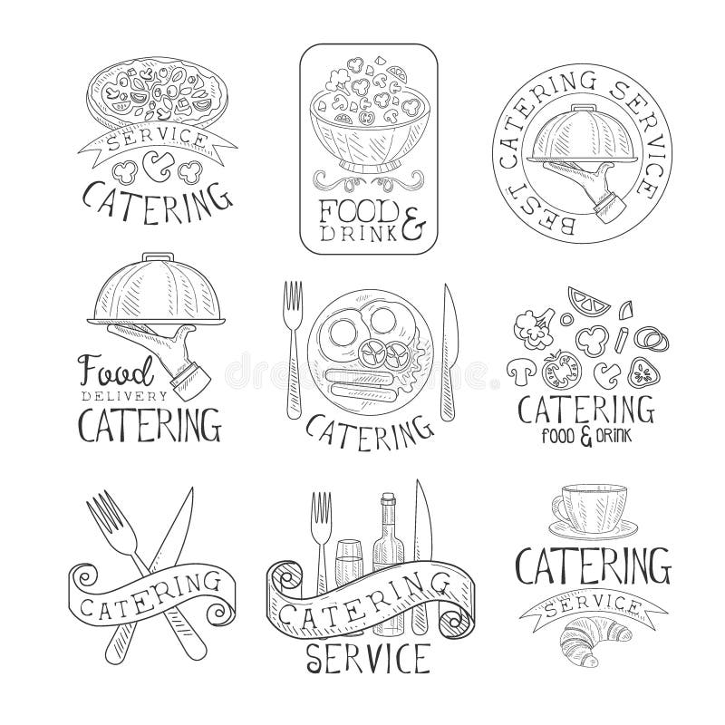 Best Quality Catering Service Set Of Hand Drawn Black And White Sign Design Templates With Calligraphic Text