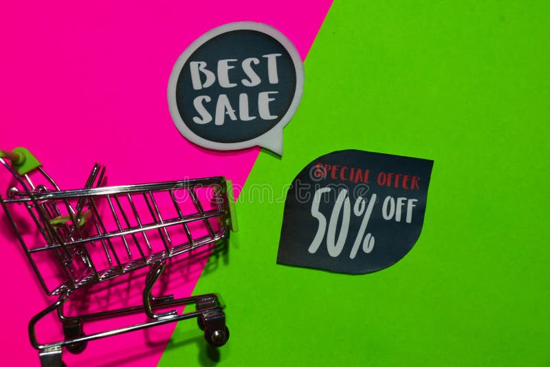 Best Sale and Special Offer 50% Off Text and Shopping cart. royalty free stock photo Best Sale and Special Offer 50% Off Text and Shopping cart. royalty free stock photo