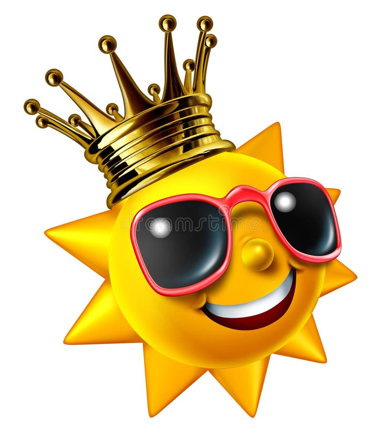 Best Sunny Vacation. Traveling concept with a smiling summer sun character wearing a gold crown with sunglasses as a happy glowing hot seasonal fun icon of vector illustration Best Sunny Vacation. Traveling concept with a smiling summer sun character wearing a gold crown with sunglasses as a happy glowing hot seasonal fun icon of vector illustration
