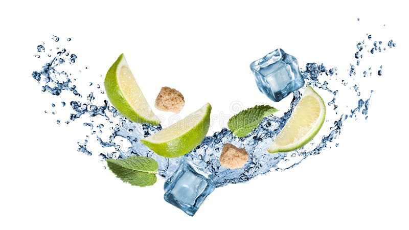 Bestandteile von mohito Cocktail mit Wasserspritzen stockbilder Bestandteile von mohito Cocktail mit Wasserspritzen stockbilder