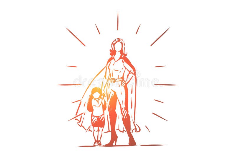 Bestes Mutter- und Tochterhändchenhalten, weiblicher Superheld im Kostüm mit Kap, kleines Mädchen mit Elternteil, Mutterschaft