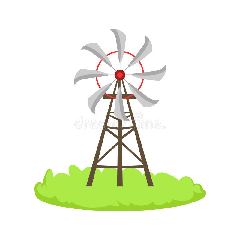 Beståndsdel för lantgård för tecknad film för energiväderkvarnstruktur släkt på lapp av grönt gräs stock illustrationer Beståndsdel för lantgård för tecknad film för energiväderkvarnstruktur släkt på lapp av grönt gräs stock illustrationer