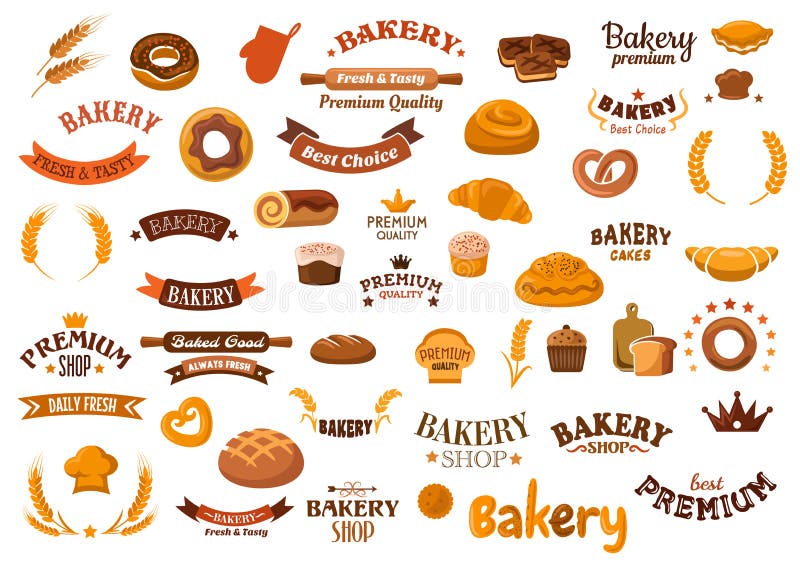 Bakery shop design elements with cupcakes, rye and wheat bread, buns, rolls, donut, croissant, pies, pretzel, cookies and decorative cereal ears, ribbon banners, baker hats, crowns, stars and headers. Bakery shop design elements with cupcakes, rye and wheat bread, buns, rolls, donut, croissant, pies, pretzel, cookies and decorative cereal ears, ribbon banners, baker hats, crowns, stars and headers