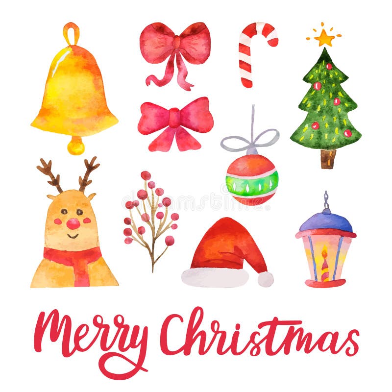 Beståndsdelar för design för glad jul för vattenfärgvektor Hand dragen traditionell uppsättning för ferie också vektor för coreld royaltyfri illustrationer Beståndsdelar för design för glad jul för vattenfärgvektor Hand dragen traditionell uppsättning för ferie också vektor för coreld royaltyfri illustrationer