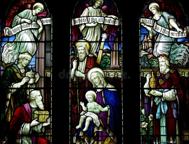 Besöka för tre konungar behandla som ett barn Jesus med gåvor i målat glass arkivbild Besöka för tre konungar behandla som ett barn Jesus med gåvor i målat glass arkivbild