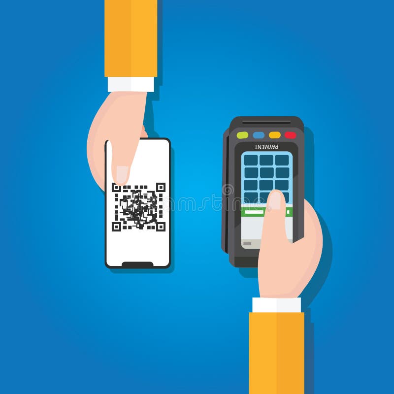 Betaal door QR code in de mobiele methode van de telefoonbetaling de elektronische holding van de transactiehand vector illustratie Betaal door QR code in de mobiele methode van de telefoonbetaling de elektronische holding van de transactiehand vector illustratie