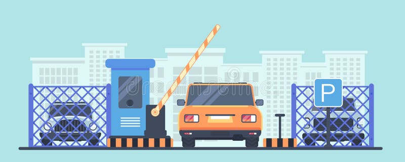 Betaald bewaakt parkeren voor auto's Ingang en uitgang door de controlepost met cabine en barrière royalty-vrije illustratie Betaald bewaakt parkeren voor auto's Ingang en uitgang door de controlepost met cabine en barrière royalty-vrije illustratie