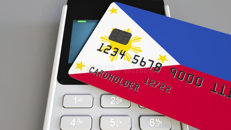Betalingsterminal met creditcard die vlag van de Filippijnen kenmerken Het nationale bankwezensysteem conceptuele 3D teruggeven royalty-vrije illustratie Betalingsterminal met creditcard die vlag van de Filippijnen kenmerken Het nationale bankwezensysteem conceptuele 3D teruggeven royalty-vrije illustratie