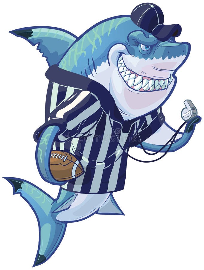 Beteken Beeldverhaalscheidsrechter Shark met Voetbal en Fluitje stock illustratie Beteken Beeldverhaalscheidsrechter Shark met Voetbal en Fluitje stock illustratie