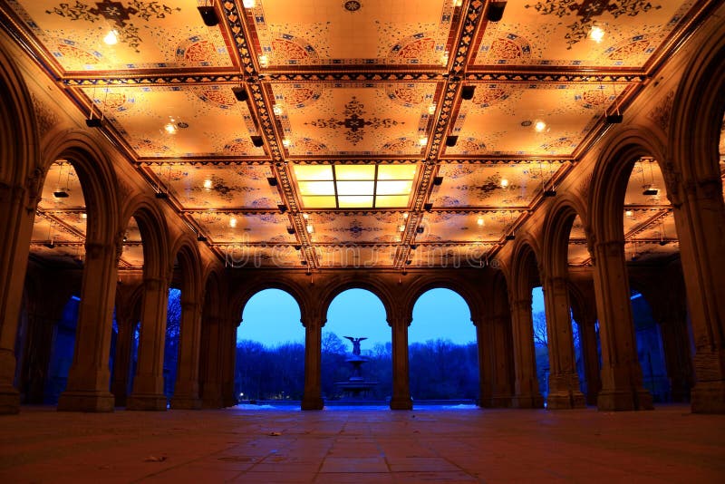 Bethesda Arcade Terrace by Fountain in Central Park in Manhattan. Stock