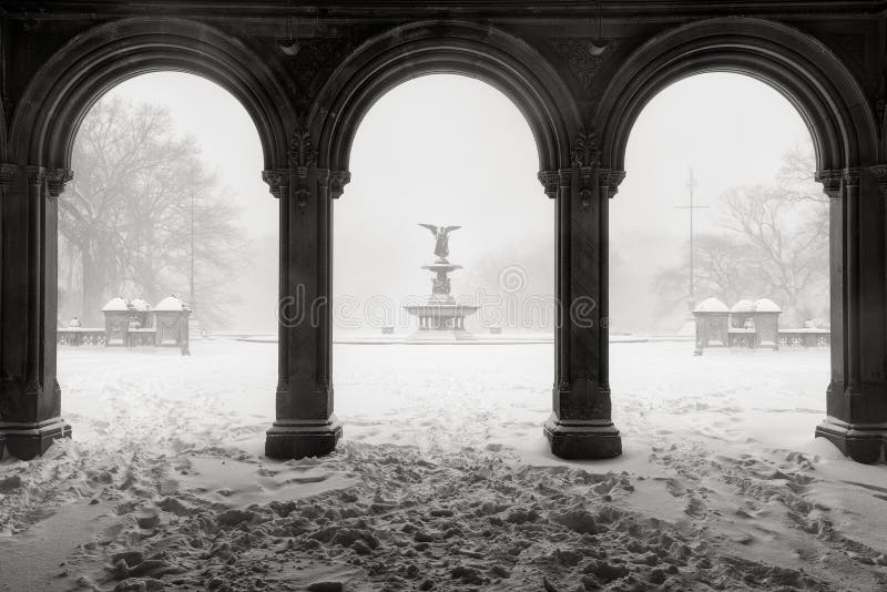 Bethesda Fountain in Central Park, de Wintersneeuwstorm, de Stad van New York royalty-vrije stock foto Bethesda Fountain in Central Park, de Wintersneeuwstorm, de Stad van New York royalty-vrije stock foto