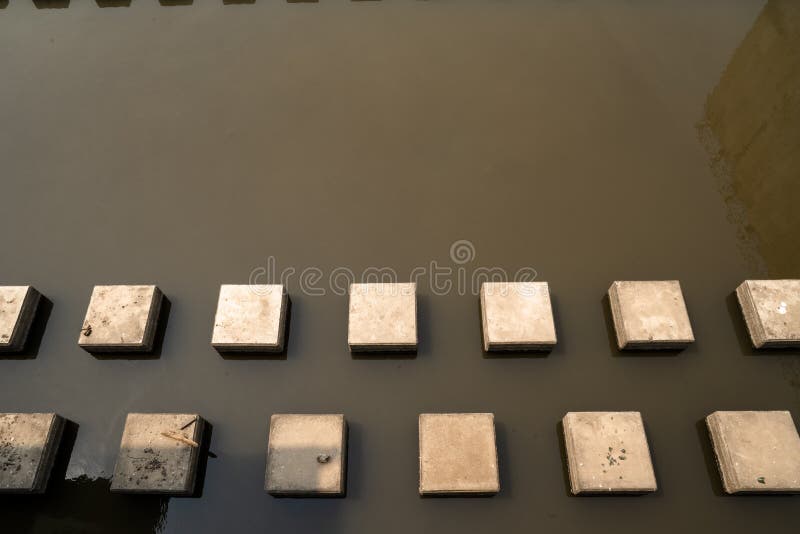 Beton poczty częsciowo zanurzali w wodzie za zastawką łapać w pułapkę gruzy obraz stock Beton poczty częsciowo zanurzali w wodzie za zastawką łapać w pułapkę gruzy obraz stock