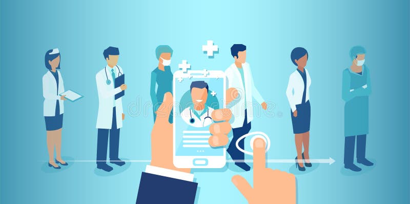 Betreuer eines Patienten, der auf seinem Smartphone eine App zur Gesundheitsversorgung nutzt und einen Arzt und ein professionell lizenzfreie abbildung Betreuer eines Patienten, der auf seinem Smartphone eine App zur Gesundheitsversorgung nutzt und einen Arzt und ein professionell lizenzfreie abbildung