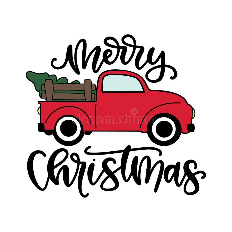 Merry Christmas with red truck and christmas tree tshirt design vector white background