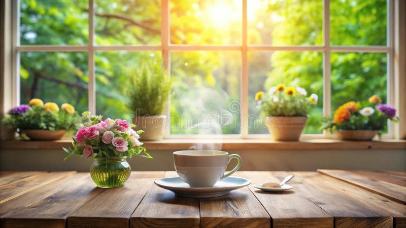 Bevanda aromatica al mattino accanto a un vaso di rose su un tavolo di legno rustico da una finestra illuminata dal sole. Generati illustrazione vettoriale