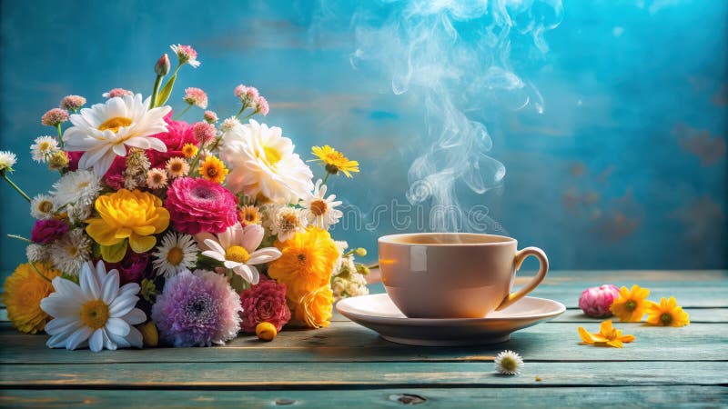 Bevanda aromatica al mattino accanto a un vibrante mazzo di fiori selvatici su un rustico tavolo di legno. Generative AI royalty illustrazione gratis