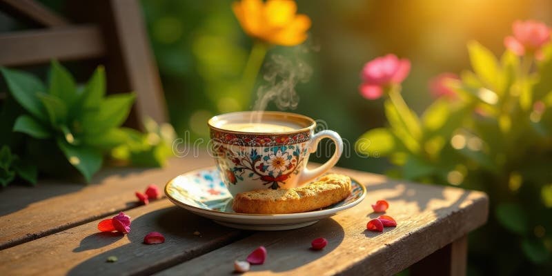 Bevanda aromatica al mattino in calice ornata accompagnata da un biscotto croccante bagnato con luce calda al sole su una superfic illustrazione di stock