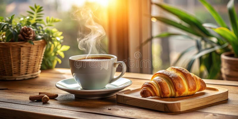 Bevanda aromatica al mattino con pasta appena cotta su un tavolo di legno vicino a una finestra illuminata dal sole. Generative AI illustrazione di stock