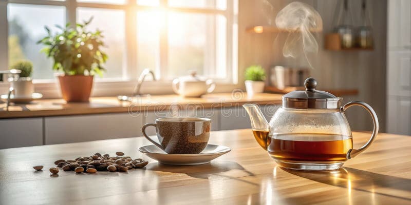 Bevanda aromatica al mattino con teiera e tazza da caffè al vapore su un tavolo da cucina bagnato alla luce del sole. Generative A illustrazione di stock