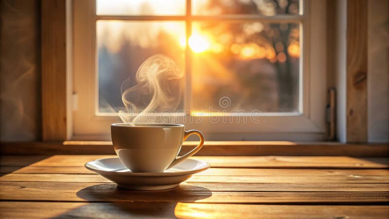 Bevanda aromatica al mattino dal vetro della finestra con flusso di luce dorata in. Generative AI illustrazione vettoriale