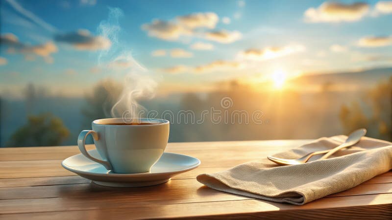 Bevanda aromatica al mattino su tavoletta di legno con vista all'alba d'oro. Generative AI royalty illustrazione gratis