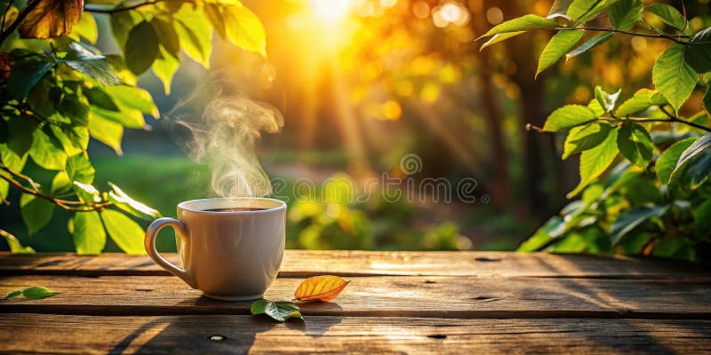 Bevanda aromatica al mattino sulla tavola di legno di tipo rustico con foglie autunnali e fasci di sole. Generative AI royalty illustrazione gratis