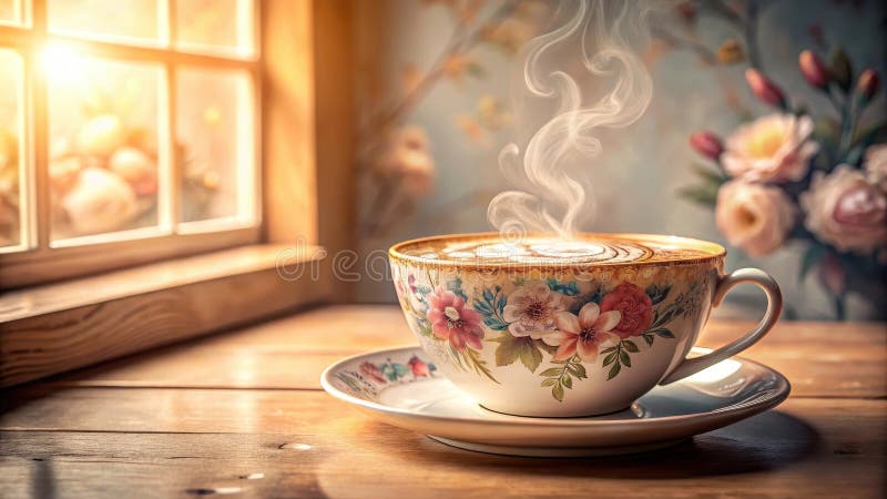 Bevanda aromatica al mattino in una coppa di fioritura d'annata vicino a una finestra illuminata dal sole. Generative AI royalty illustrazione gratis