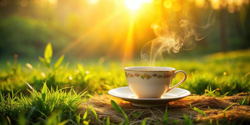 Bevanda aromatica al mattino in una tazza delicata annidata tra erba verde vibrante bagnata dal caldo bagliore dorato dell'alba. royalty illustrazione gratis