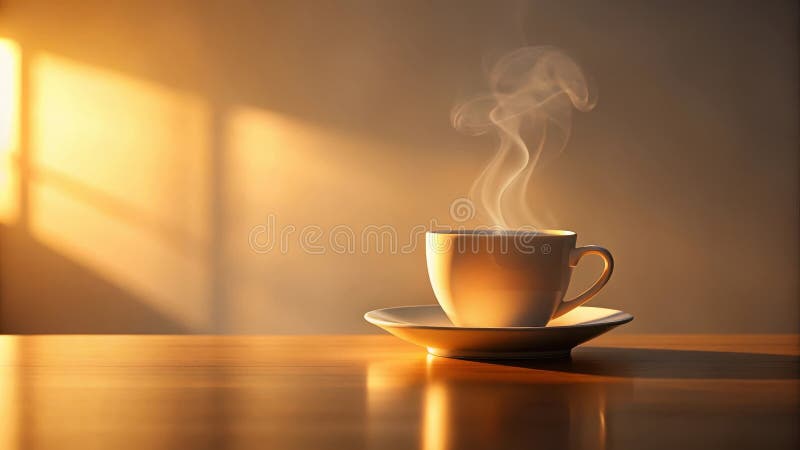 Bevanda aromatica di mattinata su tavoletta di legno illuminata dalla luce solare d'oro. royalty illustrazione gratis