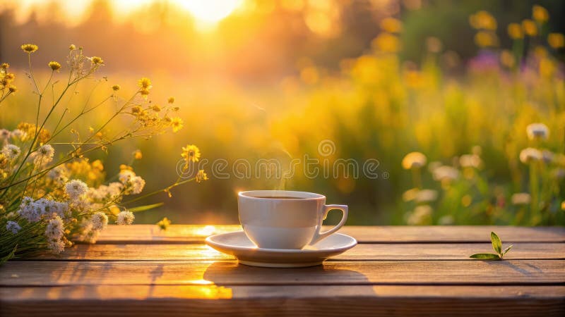 Bevanda aromatica di mattinata su tavoli di legno con fiori selvatici all'alba. illustrazione di stock