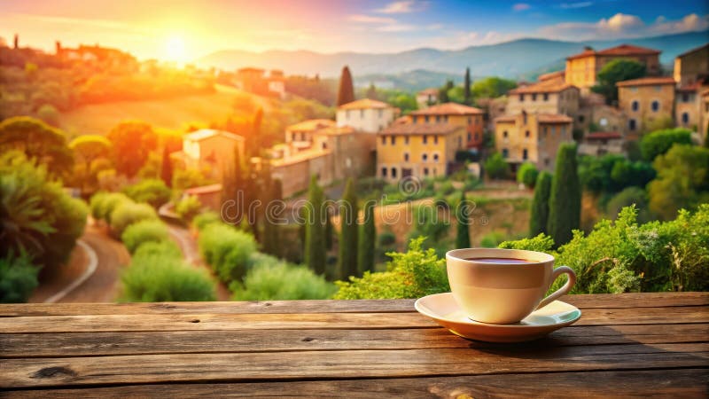 Bevanda aromatica di mattinata sul ponte di legno rustico che sovrasta il pittoresco villaggio della collinetta all'alba. Generati illustrazione vettoriale
