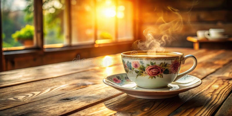 Bevanda aromatica di mattinata in una teacup floreale su fondo di vetro illuminato dal sole in legno. Generative AI royalty illustrazione gratis