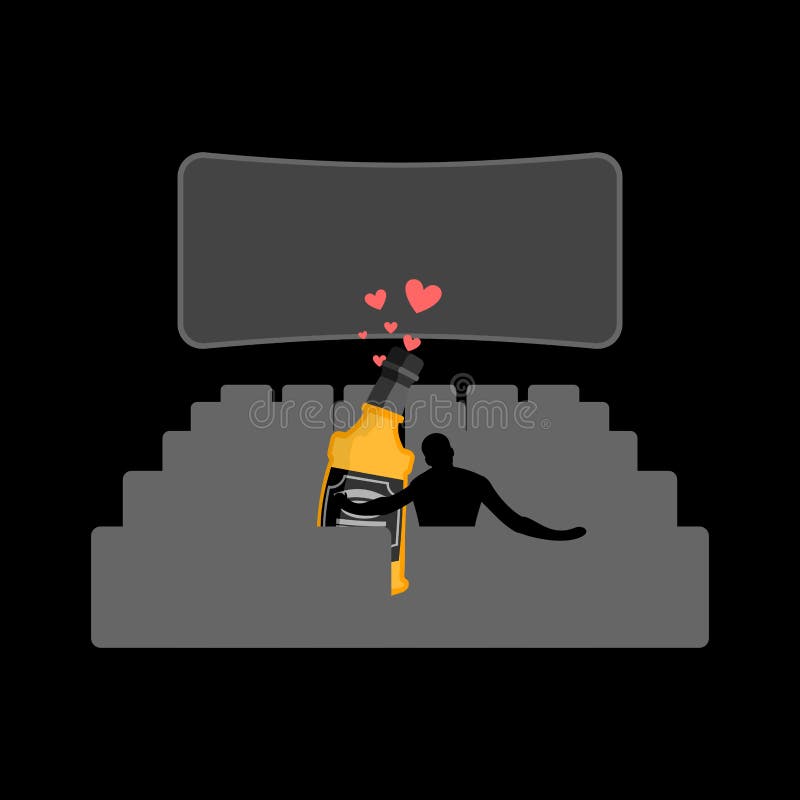 Bevanda dell'alcool dell'amante Uomo e bottiglia di whiskey nel cinema royalty illustrazione gratis Bevanda dell'alcool dell'amante Uomo e bottiglia di whiskey nel cinema royalty illustrazione gratis